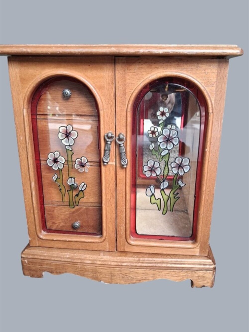 Vintage Wooden Jewelry Armoire Cabinet 12” Wide Floral Glass Doors Drawers Neckl